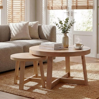Ensemble de 2 tables basses gigognes rondes, tables d'appoint modernes au fini bois naturel, tables de bout empilables en forme de X pour le salon, la chambre à coucher et le balcon