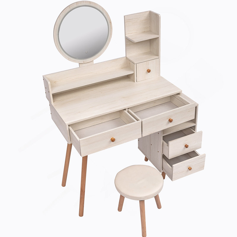 Vanity Table + Cushioned Stool, Touch Control LED Mirror, Large Capacity Storage Cabinet, 5 Drawers, Fashionable Makeup Furniture, Length Adjustable