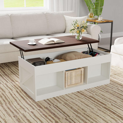 Lift Top Coffee Table with Hidden Storage & 3 Open Side Compartments, Modern Farmhouse Engineered Wood Cocktail Table for Living Room, Multi-Functional Work Desk