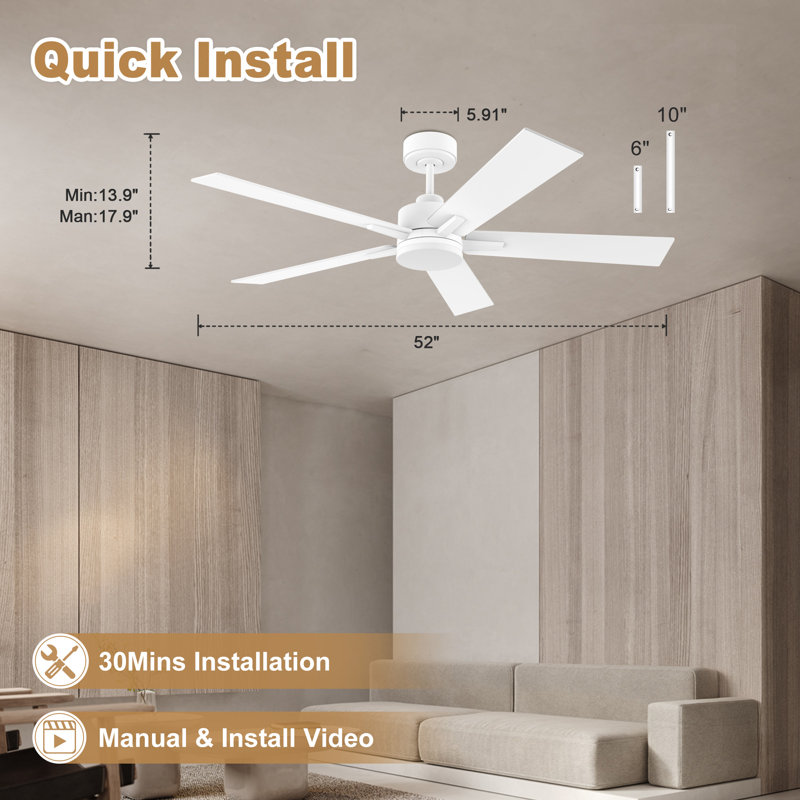 Ventilateur de plafond moderne à 5 pales avec lumières, télécommande et contrôle Alexa, moteur à courant continu silencieux, à intensité variable, intérieur extérieur