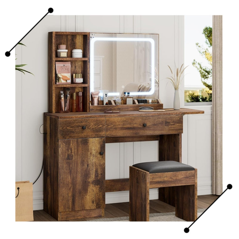 Ensemble de coiffeuse, miroir de coiffeuse avec lumières et ensemble de maquillage, Brun