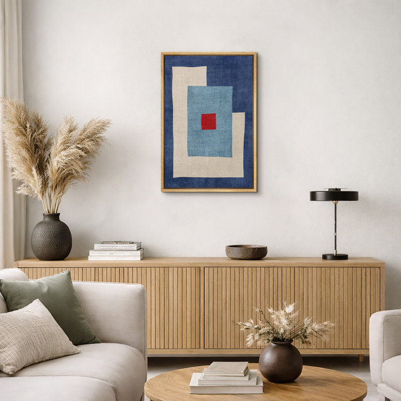 Abstract Vibrant Color Blocks "Mid-Century Blue Shapes Artwork, Geometric Illustration Modern Minimalist Wall Pictures, Large Framed Canvas Giclee Print Wall Art"