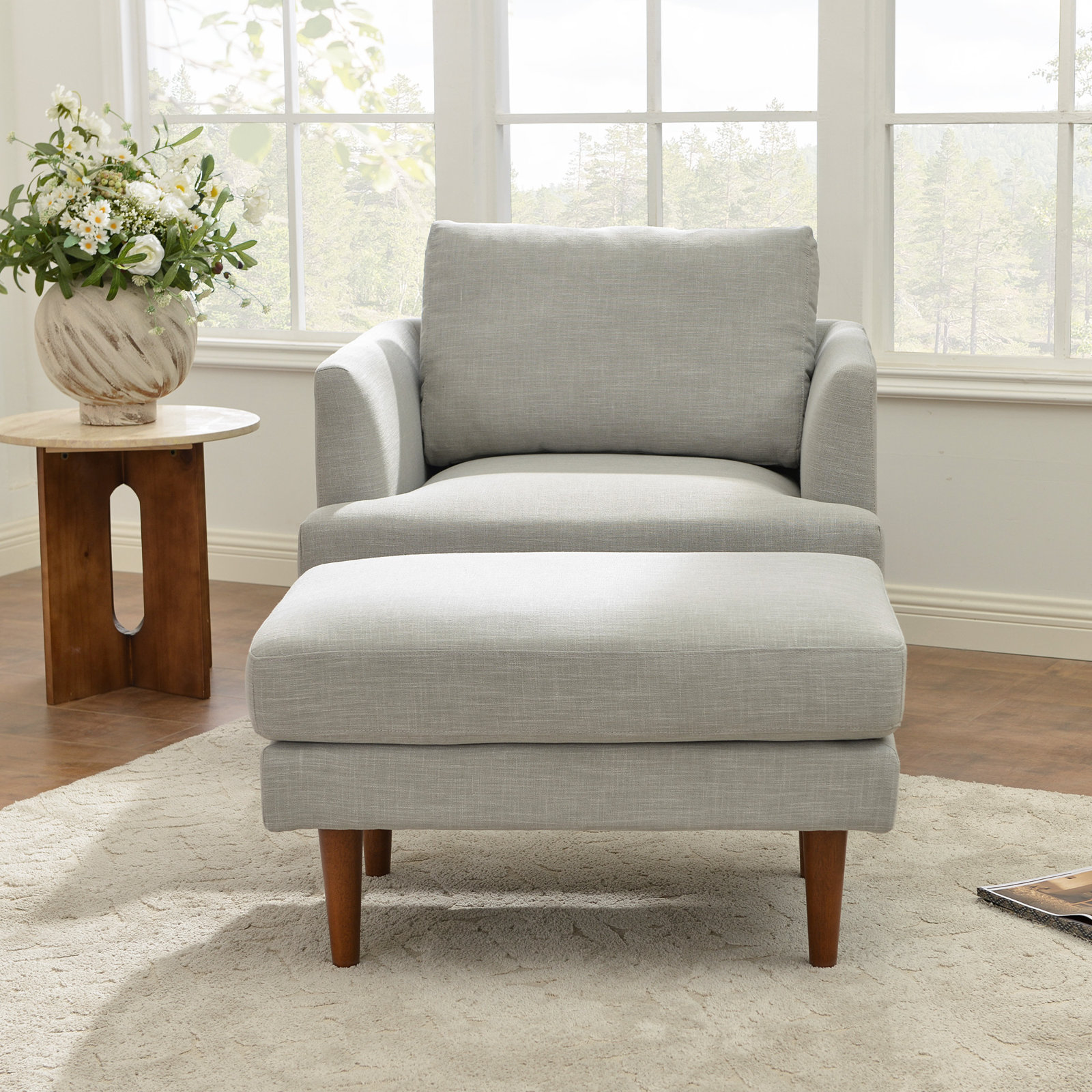Miller 35'' W Upholstered Armchair With Ottoman, Light Gray Linen Blend