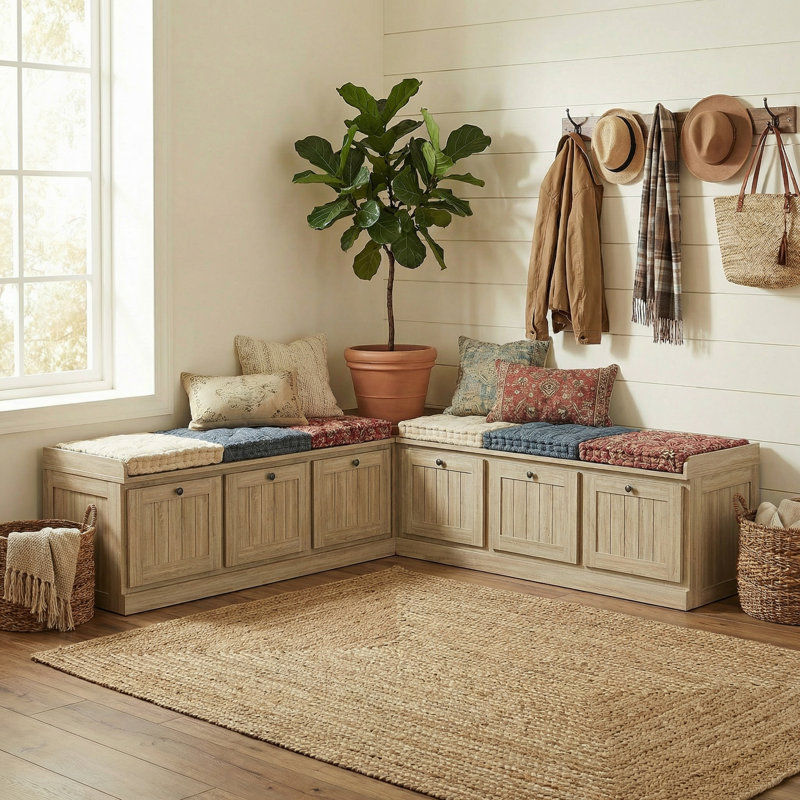 L-Shaped Storage Bench With Lift-Top Compartments, Corner Entryway Shoe Bench With Hidden Storage, PB Board, Light Wood Finish