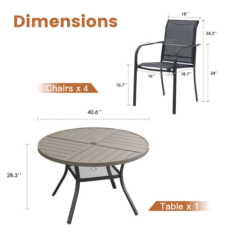 Ensemble repas pour 4 personnes avec table de salle à manger ronde et 4 chaises empilables en textilène