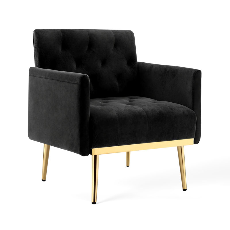 Velet Tufted Armchair With Gold Metal Legs, Black