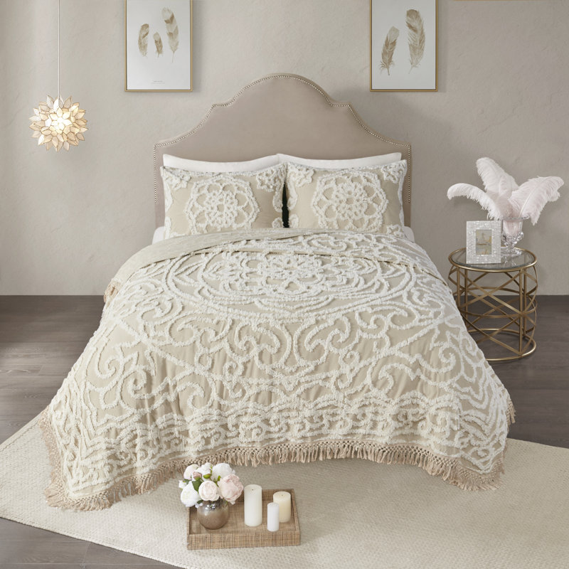 Laetitia Tufted Chenille Cotton Medallion Fringe Coverlet Set, Queen Coverlet + 2 Standard Shams, Taupe