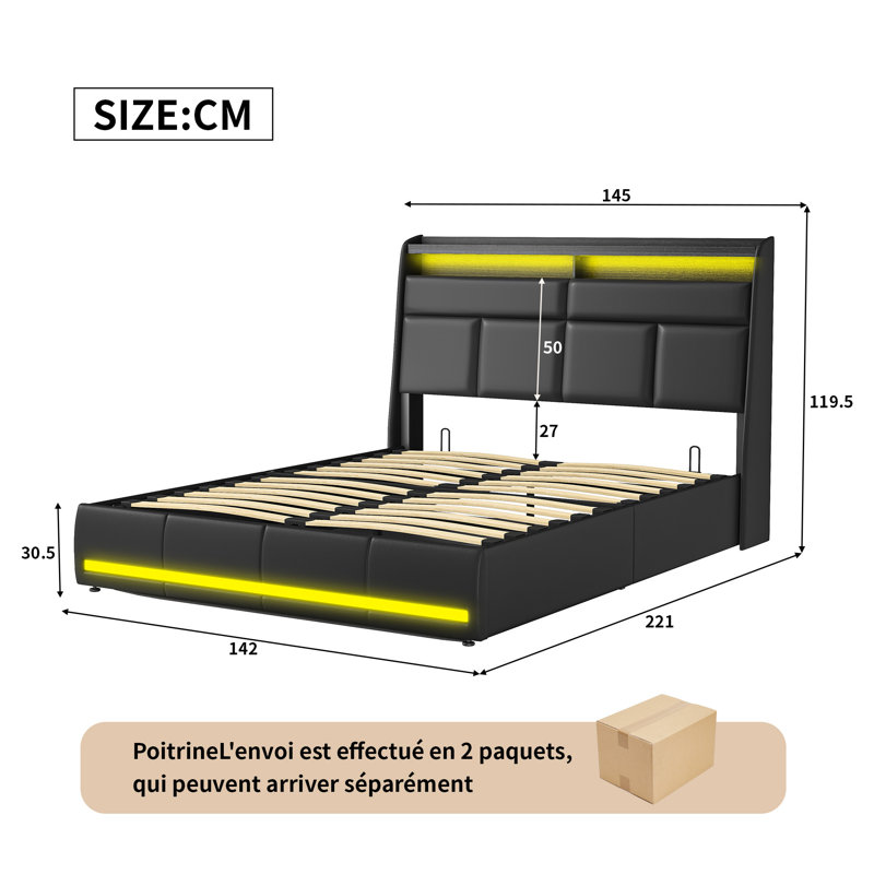Upholstered Ottoman Storage Bed, European Double (140 x 200 cm), Black