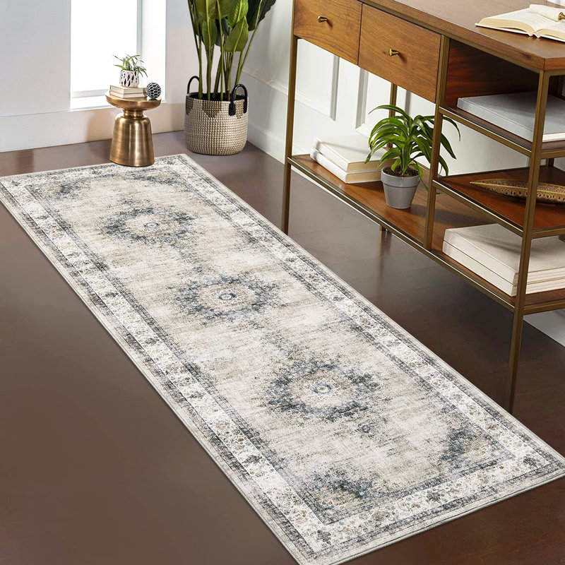 Machine Washable Rugs Oriental Floral Non-Slip Low Pile Rubber Backing Area Rug for Living Room Bedroom Kitchen Dining Room