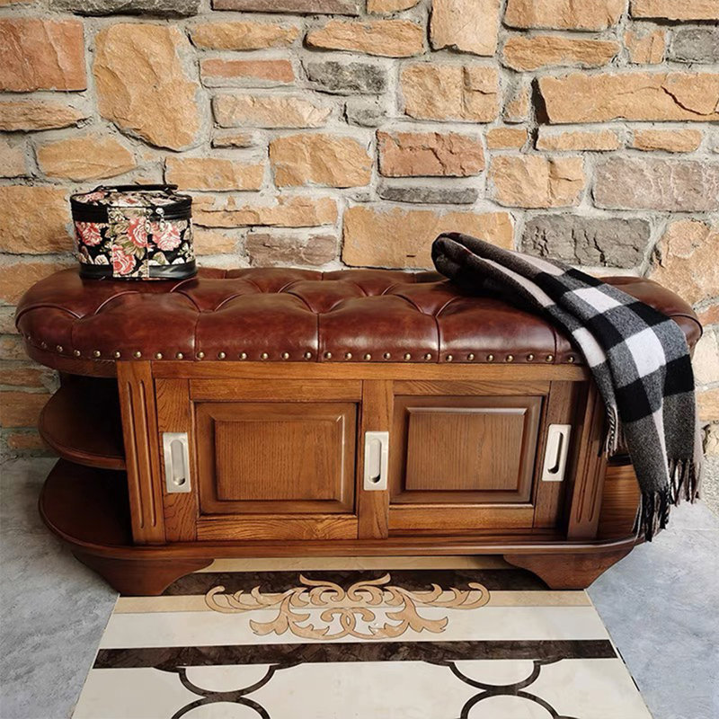 Banc rembourré en cuir véritable brun noisette