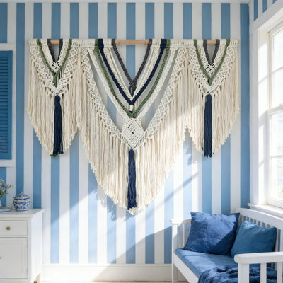 Handwoven Large Macrame Amede 47"X35" - Navy & Ivory V-Shape Boho Decor With Wooden Rod, For Bedroom, Living Room, Scandinavian & Minimalist Interiors