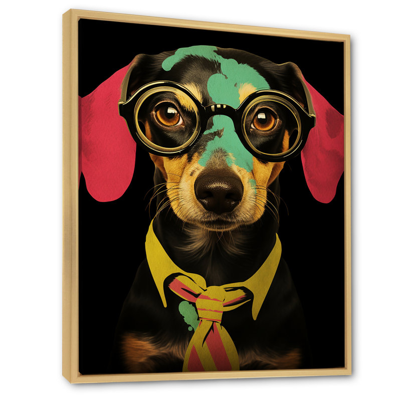 Curious Popart Daschund Dog III - chien, art mural, Cadre flottant brun, 44" H x 34" W