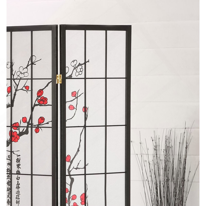 Paravent noir japonais à 4 panneaux, fleur de prunier
