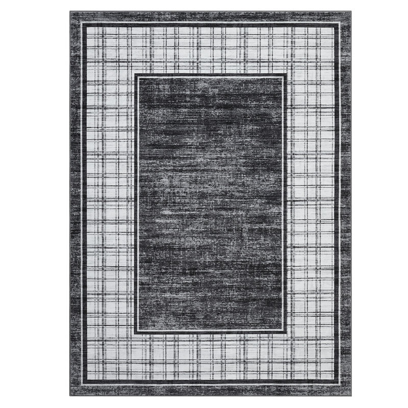 Modern Plaid Machine Washable Rug with Non-Slip Backing, Foldable Low Pile Floor Cover, Contemporary Bordered Indoor Mat for Bedroom, Living Room