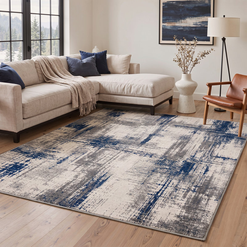 Tapis ivoire / bleu marine lavable à la machine avec envers antidérapant, Rectangle 5 pi x 7 pi