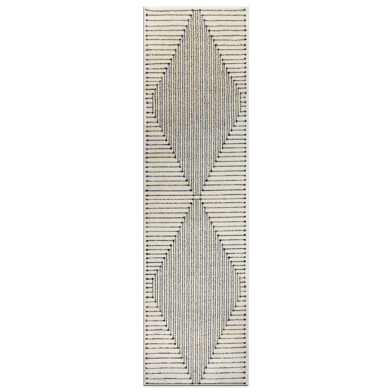 Tapis géométrique moderne crème et noir, Tapis de couloir 2 pi 2 po x 12 pi