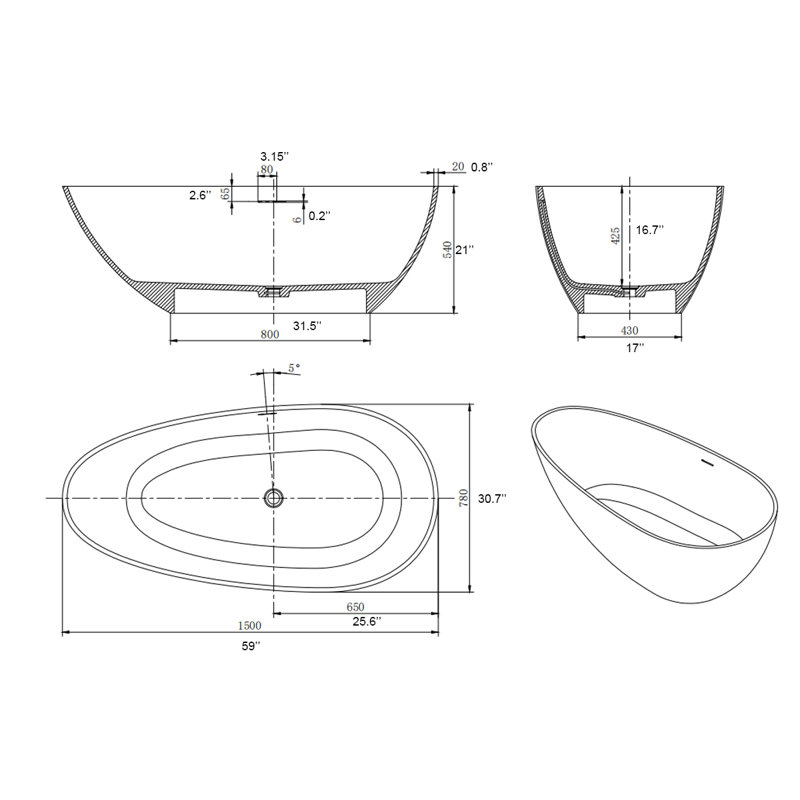 59'' x 31'' Freestanding Soaking Solid Surface Bathtub