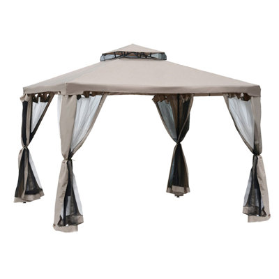 295cm x 295cm Outdoor Patio Gazebo with 2-Tier Polyester Canopy, Mosquito Netting, and Powder-Coated Steel Frame in Taupe, Ideal for Backyard Parties and BBQs