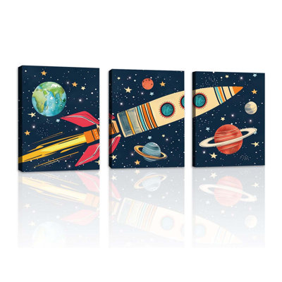 Rocket Outer Space Decor,Solar System Wall Art,The Planets Hanging Decor,Rocket Artwork Paintings Out Of Space Decor For Bedroom Toddler Kids Room Classroom Decoration 12X16 Inch