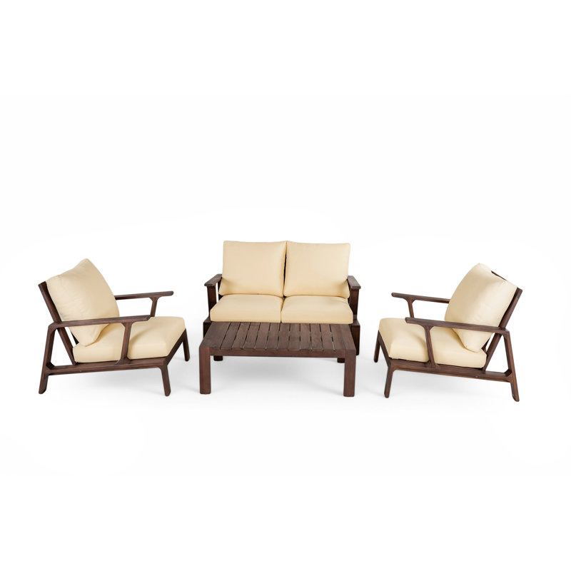  4 Piece Outdoor Patio Conversation Set with Solid Acacia Wood Frame and Cushions, Dark Brown