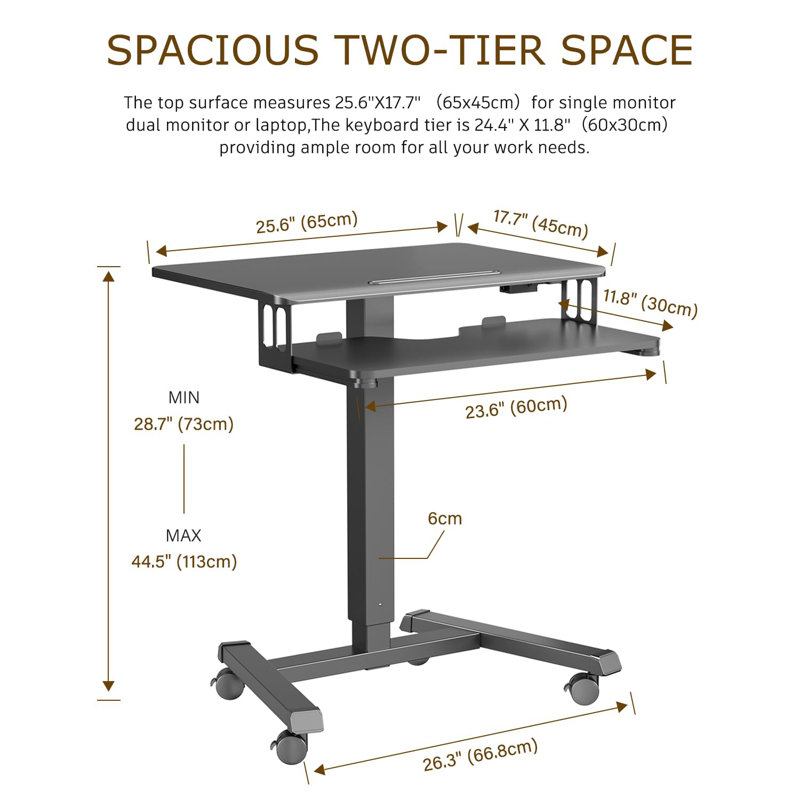 Mobile Rolling Small Table, Adjustable Height Computer Desk with Keyboard Tray, Black