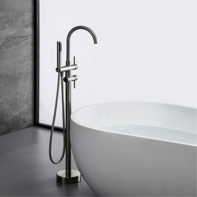 Floor Mounted Tub Filler With Handheld Shower - Solid Brass, Brushed Nickel Finish, Long Lasting 45.87" Over Height, Nickel, Scratch Finish