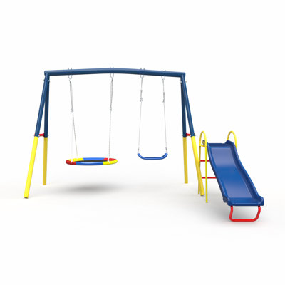 Decorlife Swing Set For Backyard, 3 In 1 Metal A-frame Swing Set With Slide, Saucer Swing & Belt Swing For Kids, Outdoor Playset With 6 Ground Stakes, Easy Assembly