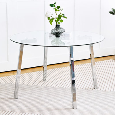 Table ronde en verre pour la salle à manger - pieds en métal, plateau transparent de 0,3 po d'épaisseur, antidérapant, facile à assembler, cuisine, pièce, espace de vie moderne rond,, à nettoyer, restaurant, pièce