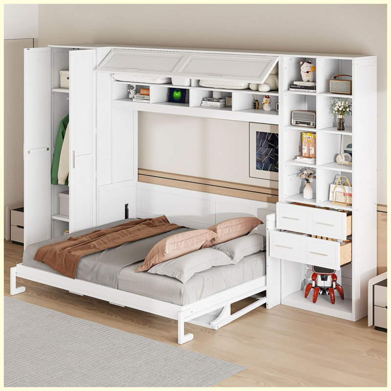 Lit escamotable moderne avec tiroirs et tablettes, Blanc, Grand