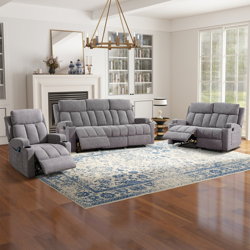Brost 3-Piece Manual Reclining Living Room Set With Cupholders, Light Gray