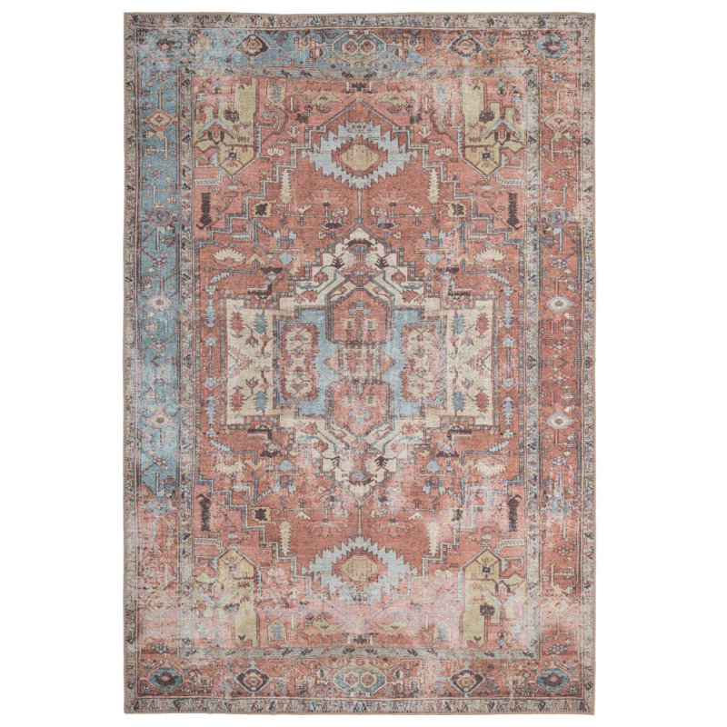 Machine Washable Terracotta Traditional Tribal Patterned Distressed Living Room Area Rug, Rectangle 60 x 110 cm