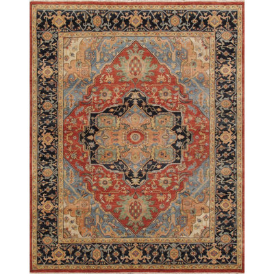 Tapis oriental beige / bleu marine / rouille en laine et coton noué à la main 8 pi x 10 pi Oriental