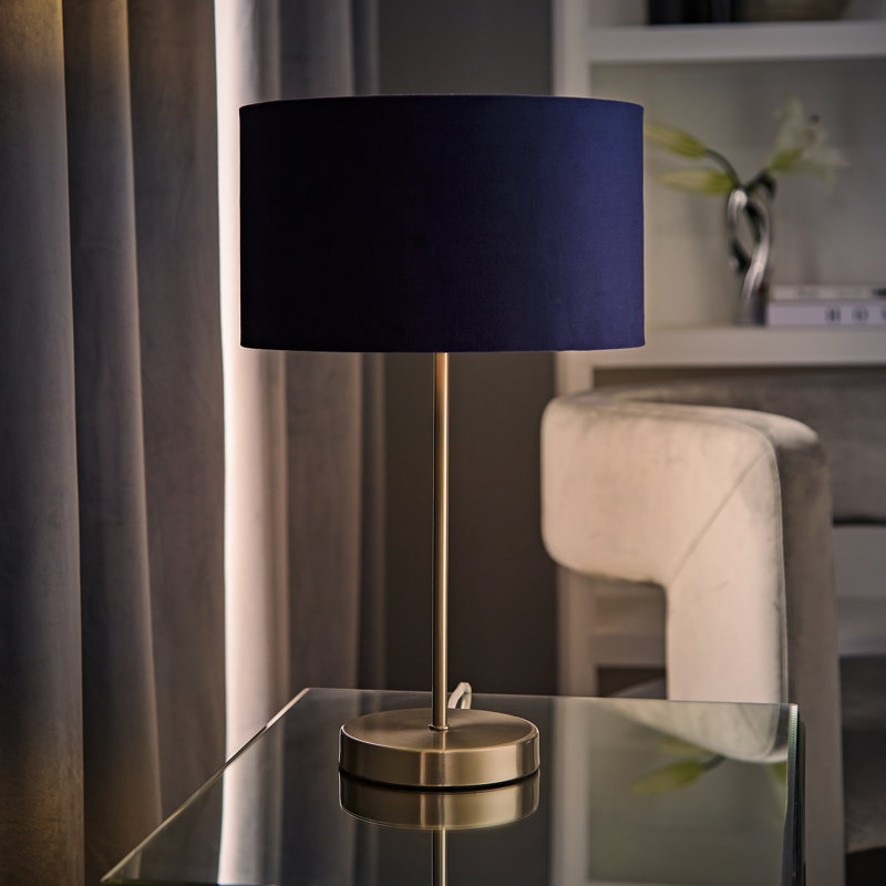 Dadiva Brushed Chrome Stem Table Lamp with Velvet Reni Shade, 38cm H x 17.5 cm W x 44.45cm D, Yes, Silver Base/Navy Shade