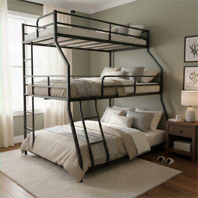 Metal Bed Frame Compact Triple Sleeper Black-toned Kids Bedroom with Full-Length Guardrails and Dual Ladders