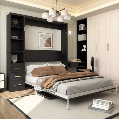 Murphy Bed with Desk, Hideaway Wall Bed Cabinet with Storage Shelves&Drawers