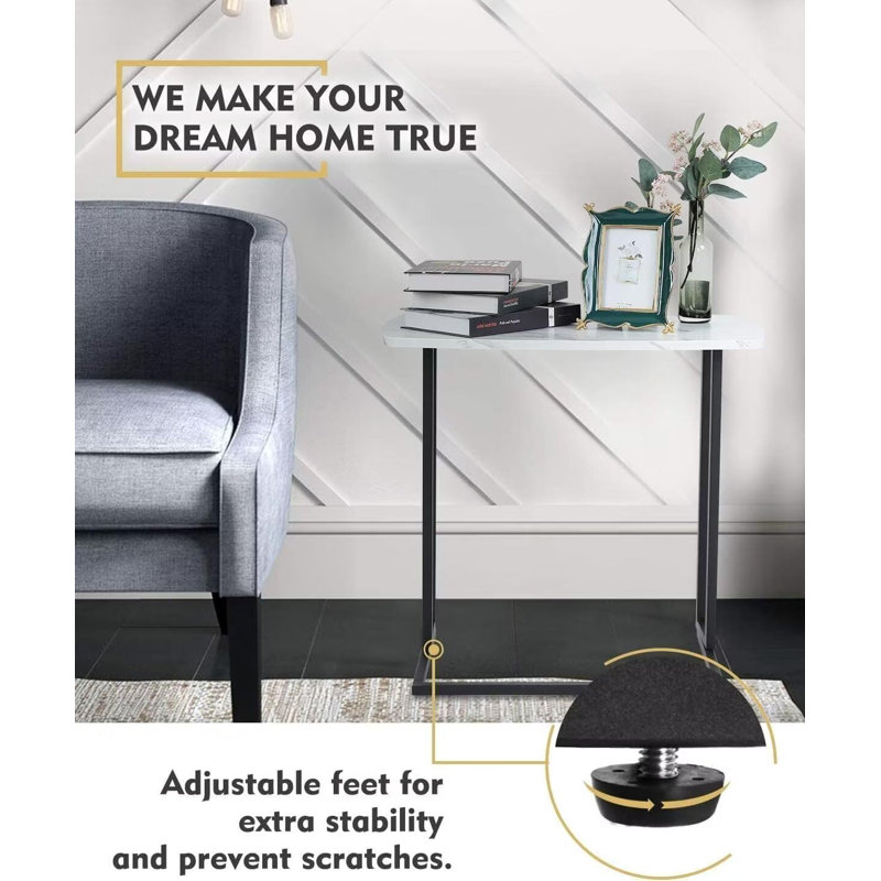 Computer Desk Table With Detachable Wheels And Metal Frame, White Marble Texture Sofa Table, For Living Room, Bedroom, Bedside, White