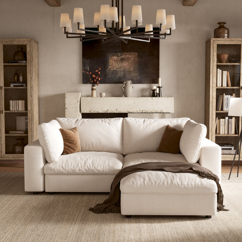 Canapé modulaire rembourré 3 pièces avec rangement 110,5 po, Lin blanc, H 37,6 po x l 79 po x P 64 po