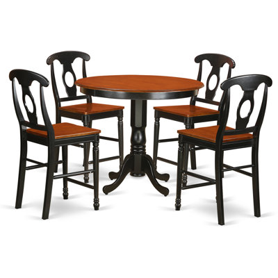 5 Piece Kitchen Counter Height Dining Table Set Includes a Round Dining Room Table and 4 Wooden Seat Chairs, Black & Cherry
