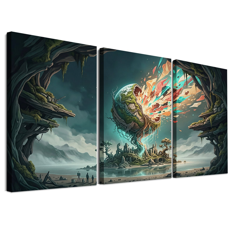 Ensemble de 3 toiles murales représentant un globe terrestre fantastique se brisant en éclats colorés, 18"H x 12"W x 3pcs
