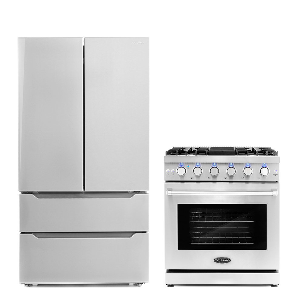 Cosmo 2 Piece Kitchen Appliance Package with French Door Refrigerator , 30'' Gas Freestanding Range Cosmo