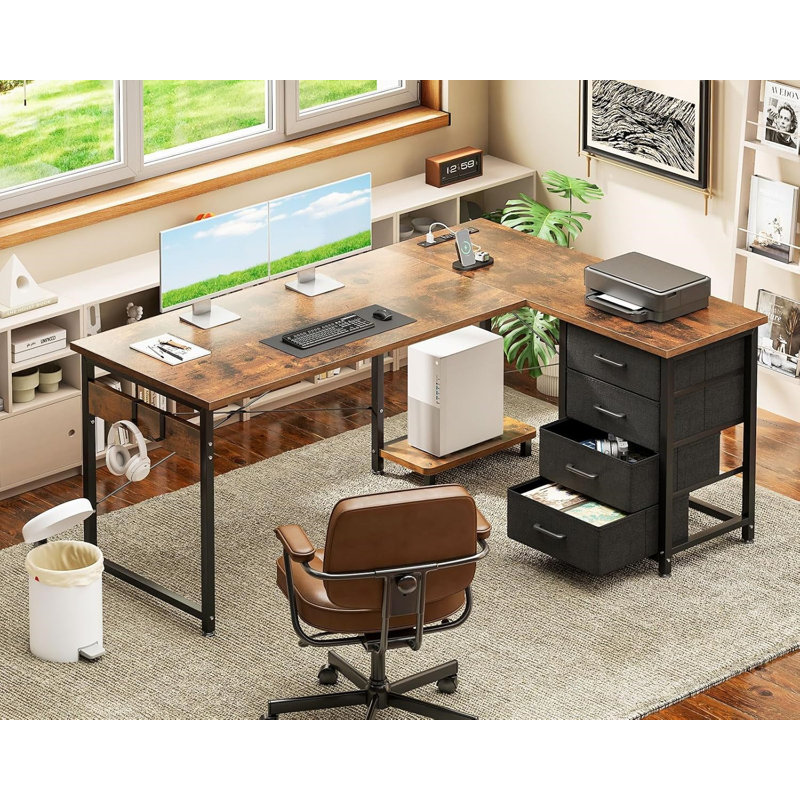 Bureau en L avec tiroirs-classeurs, Rétro, H 30 po x l 53,2 po x P 39,4 po