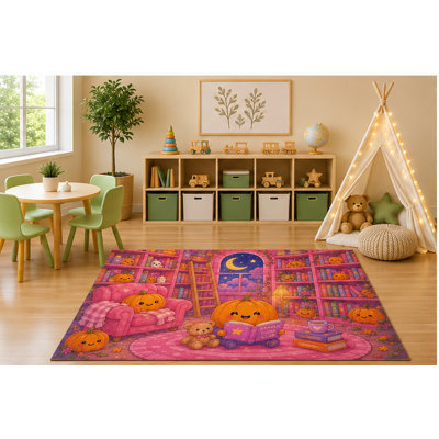 5' x 7' Cozy Pumpkin Library Kids Area Rug, Cute Reading Pumpkin Books Bookshelf Kawaii Cartoon Playroom Nursery Bedroom Reading Corner Decor, Non-Slip Silicone Backing Low Pile