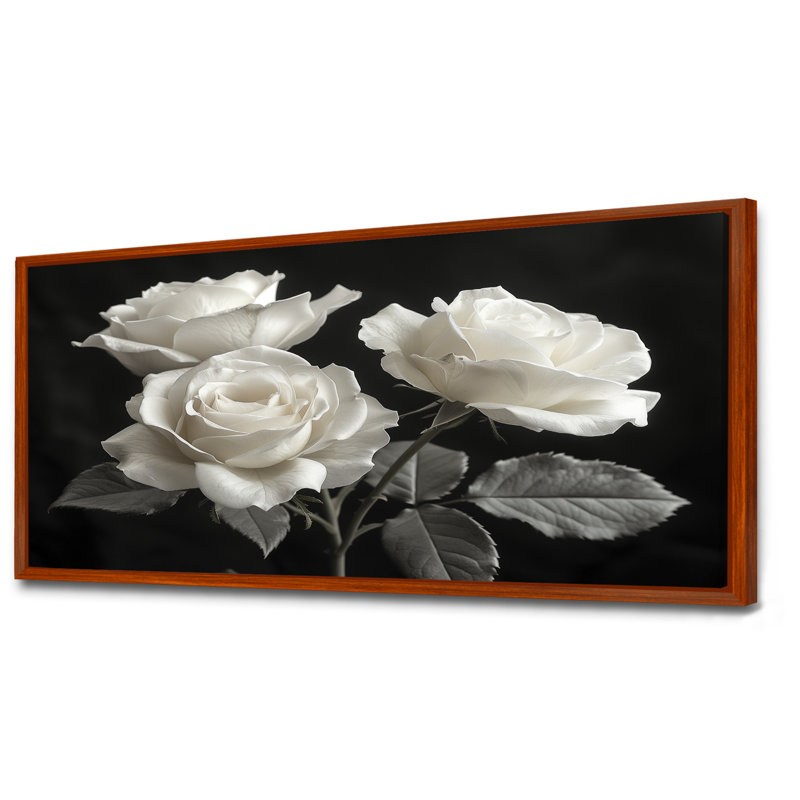 Monochromes en noir et blanc Roses Bloom II - Roses, art mural, Cadre flottant brun, H 12 po x l 20 po