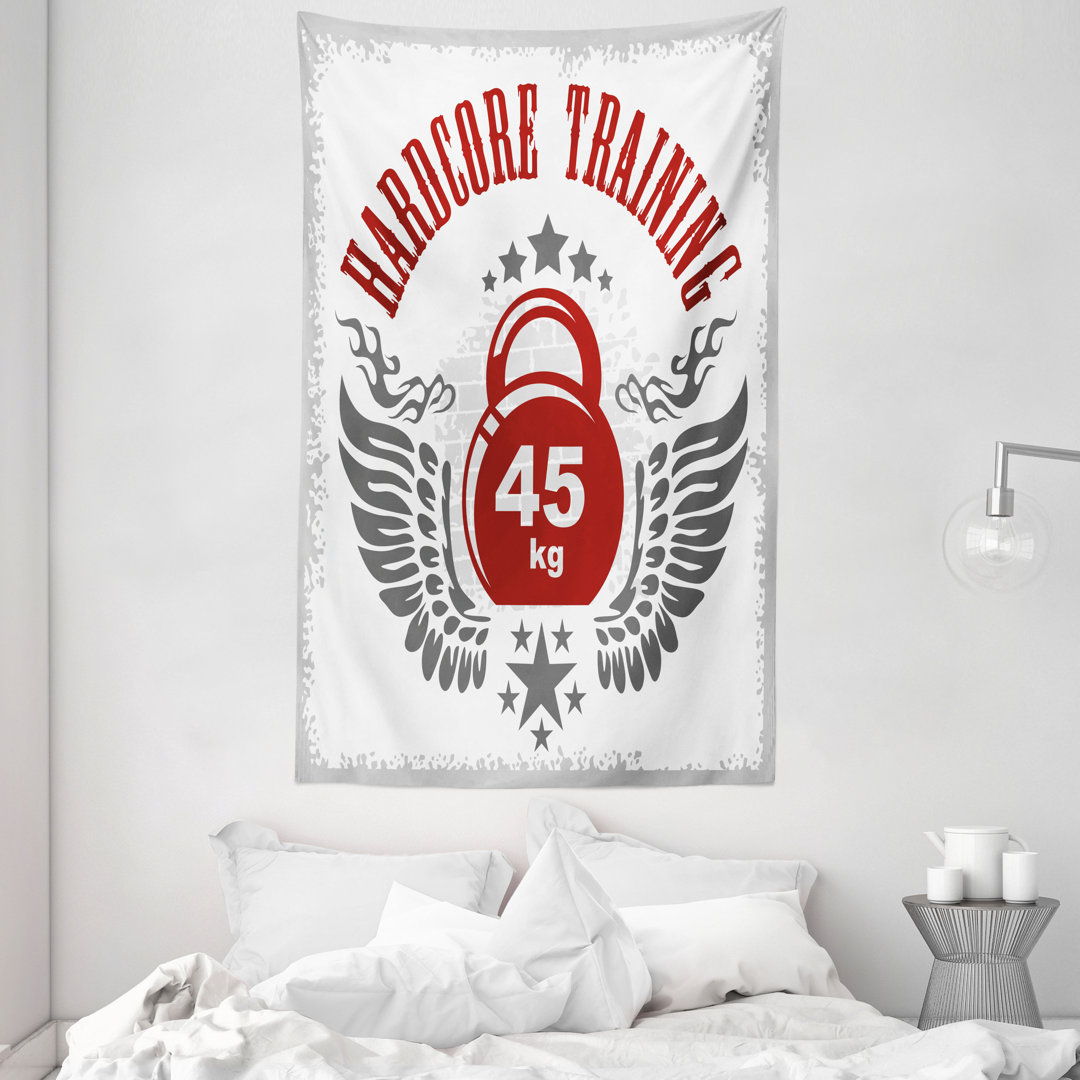 Wandteppich, Vintage Gym Emblem, Fitness, Weiß Grau Rot