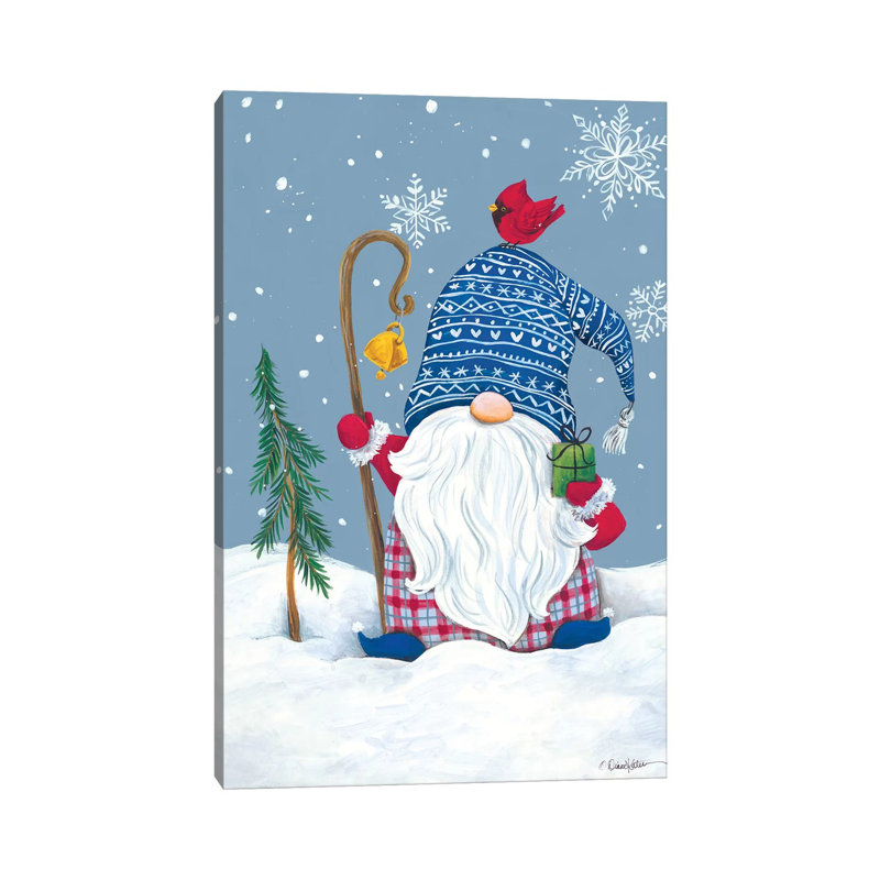 Snowy Gnome With Present by Diane Kater - Print on Canvas, 30.48 cm H x 45.72 cm W, Wrapped Canvas