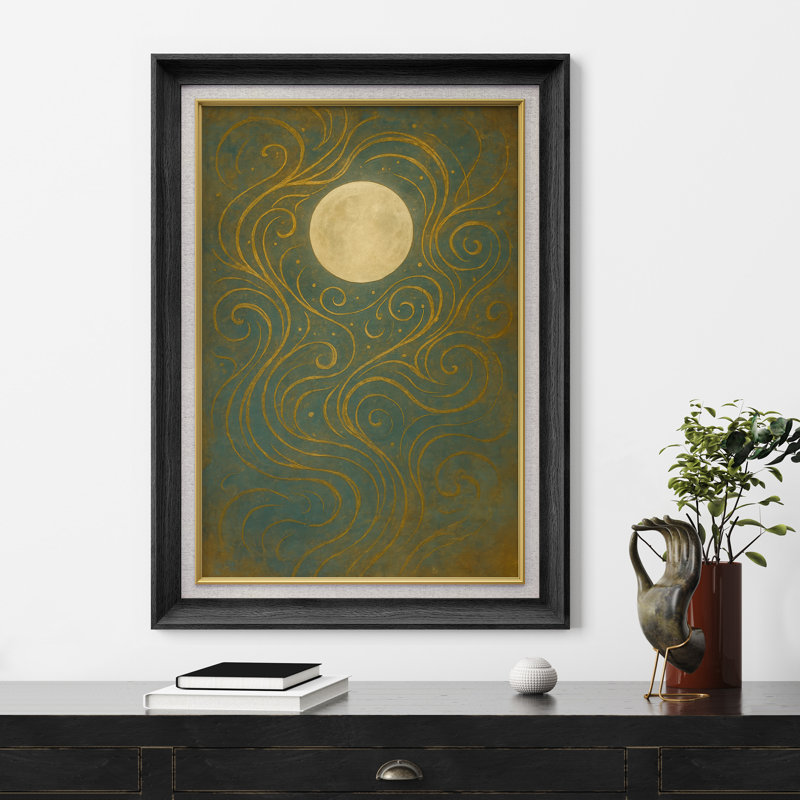 Pleine lune avec lignes dorées fluides sur fond vert foncé, impression sur toile encadrée, H 36 po x l 26 po x P 1,5 po