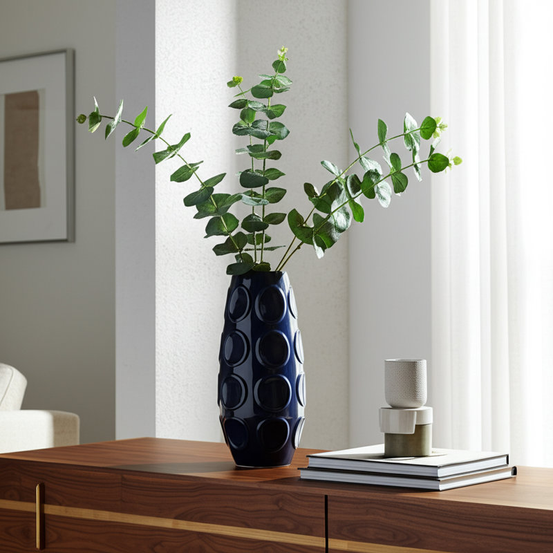 Decorative Ceramic Table Vase with Embossed Accents for Home Decor - Modern Tall Flower Vase for Living Room and Shelf Styling