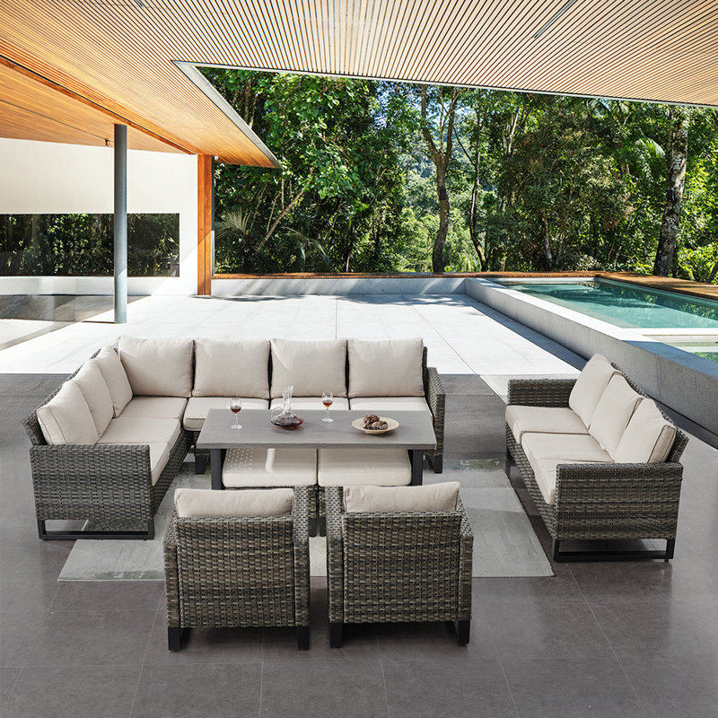 Ingvald Wicker 11 - Person Patio Conversation Set with Cushions, Beige