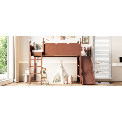 Lit mezzanine double en bois massif avec rangement, glissade et garde-robe, aire de jeu créative sous le coin lecture