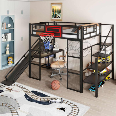 Full Size Metal Loft Bed With Open Wardrobe, Built-In Desk And Basketball Hoop For Kids